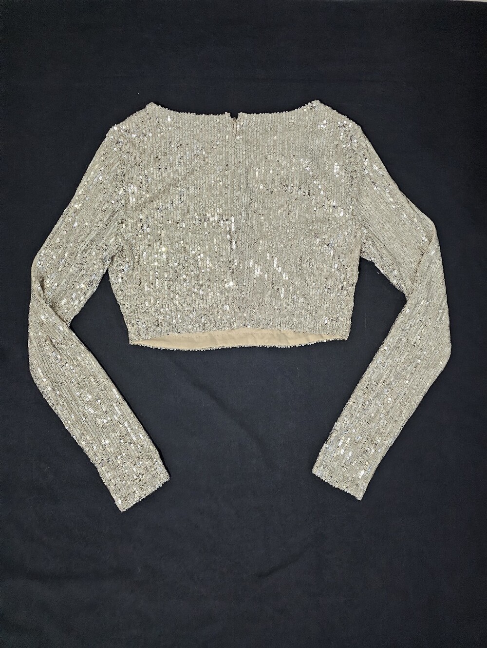 NWT MESHKI Christina Silver Sequin Long Sleeve Crop Top Sz M Party Holiday Glam - Picture 5 of 11